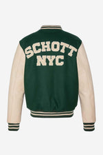 Schott's varsity jacket in green wool and beige vachetta leather. - Image n°8