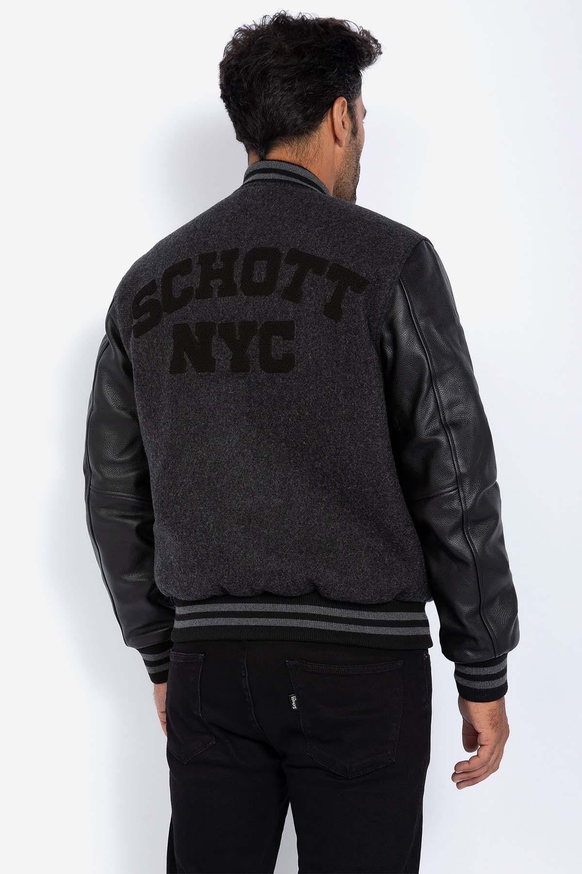 Iconic Schott varsity jacket in grey wool and black calfskin sleeves. - Image n°2