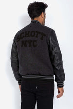 Iconic Schott varsity jacket in grey wool and black calfskin sleeves. - Image n°2