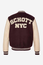 Schott NYC's varsity jacket: bordeaux leather sleeves meet beige wool. - Image n°9