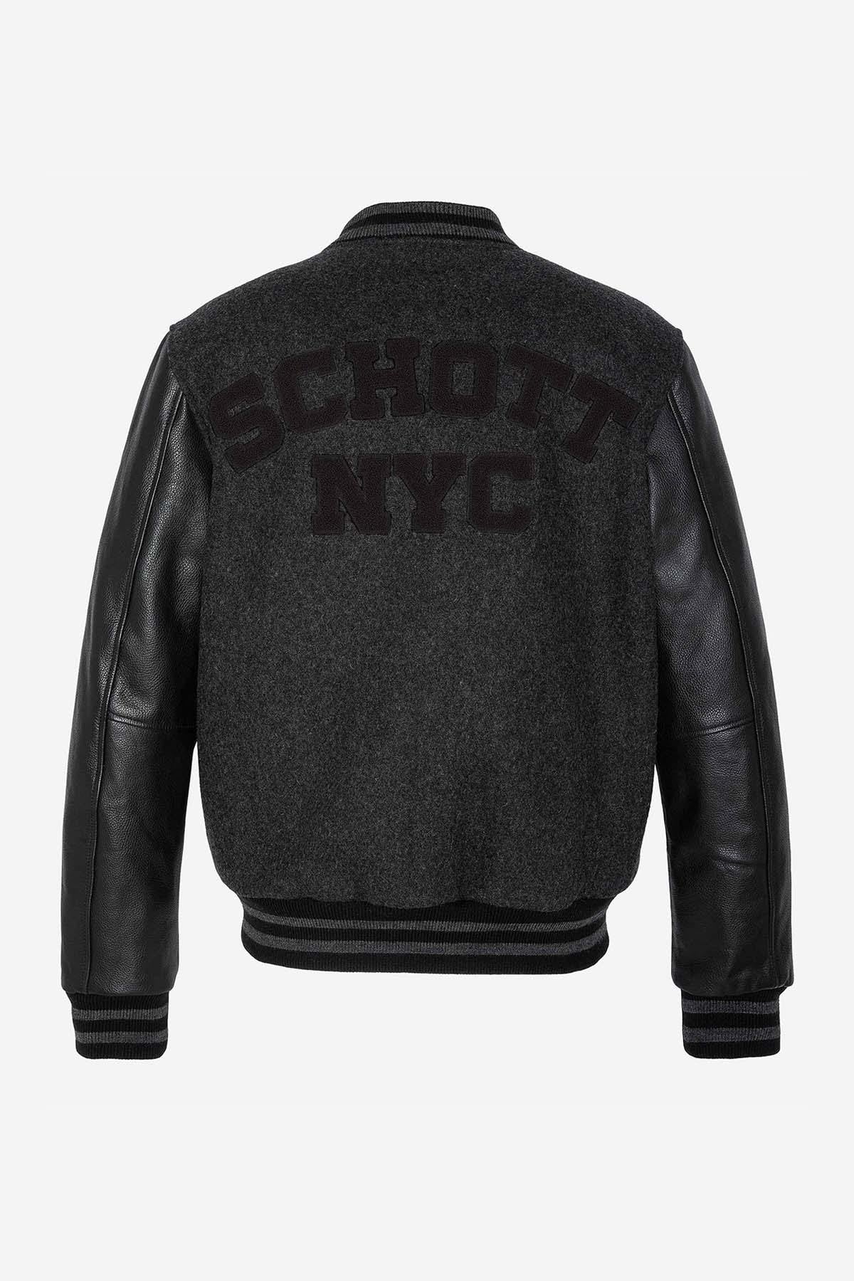 Iconic Schott varsity jacket in grey wool and black calfskin sleeves. - Image n°6