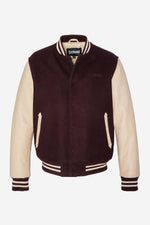 Schott NYC's varsity jacket: bordeaux leather sleeves meet beige wool. - Image n°8