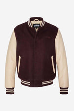 Schott NYC's varsity jacket: bordeaux leather sleeves meet beige wool. - Image n°8