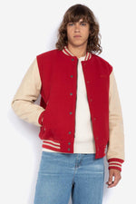 Schott NYC's varsity jacket: red wool and beige vachetta leather. - Image n°1