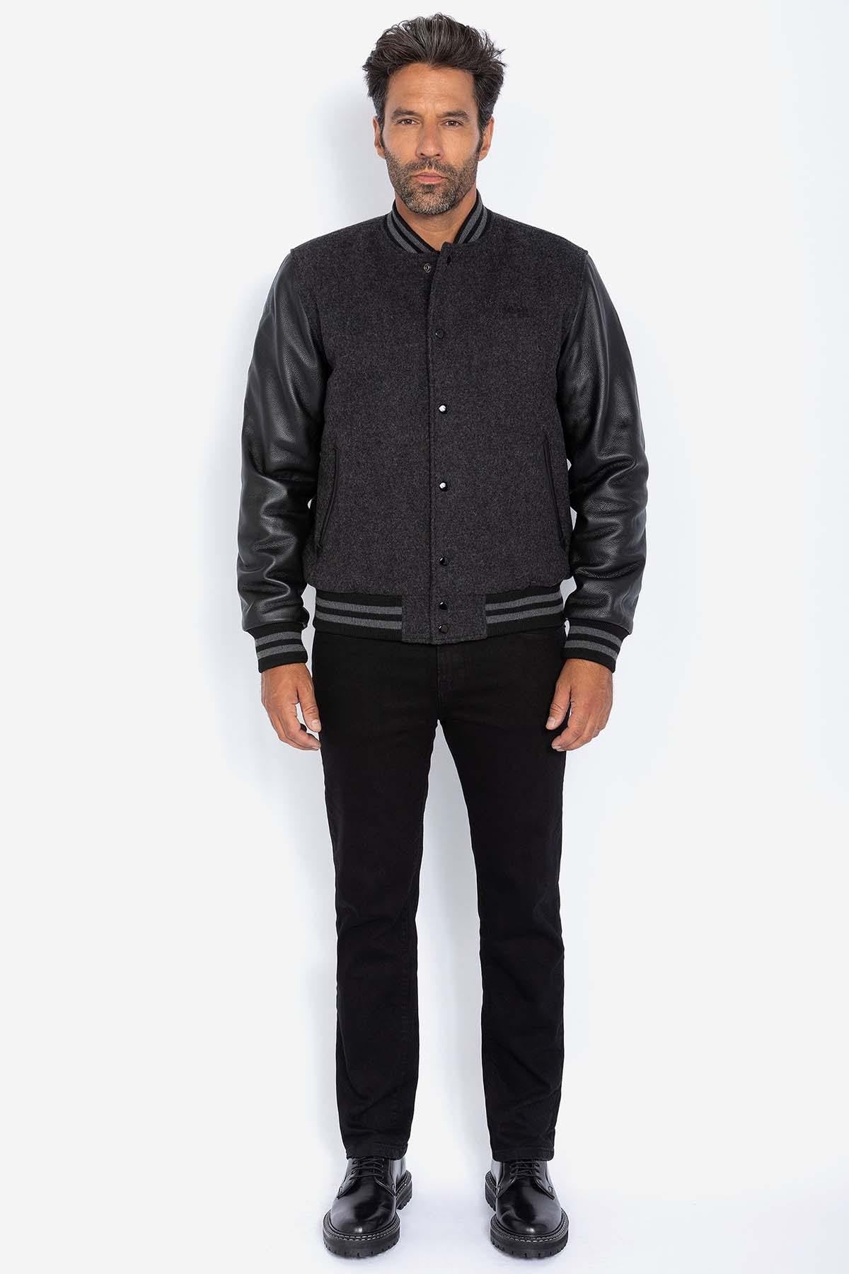 Iconic Schott varsity jacket in grey wool and black calfskin sleeves. - Image n°4