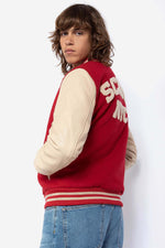 Schott NYC's varsity jacket: red wool and beige vachetta leather. - Image n°2