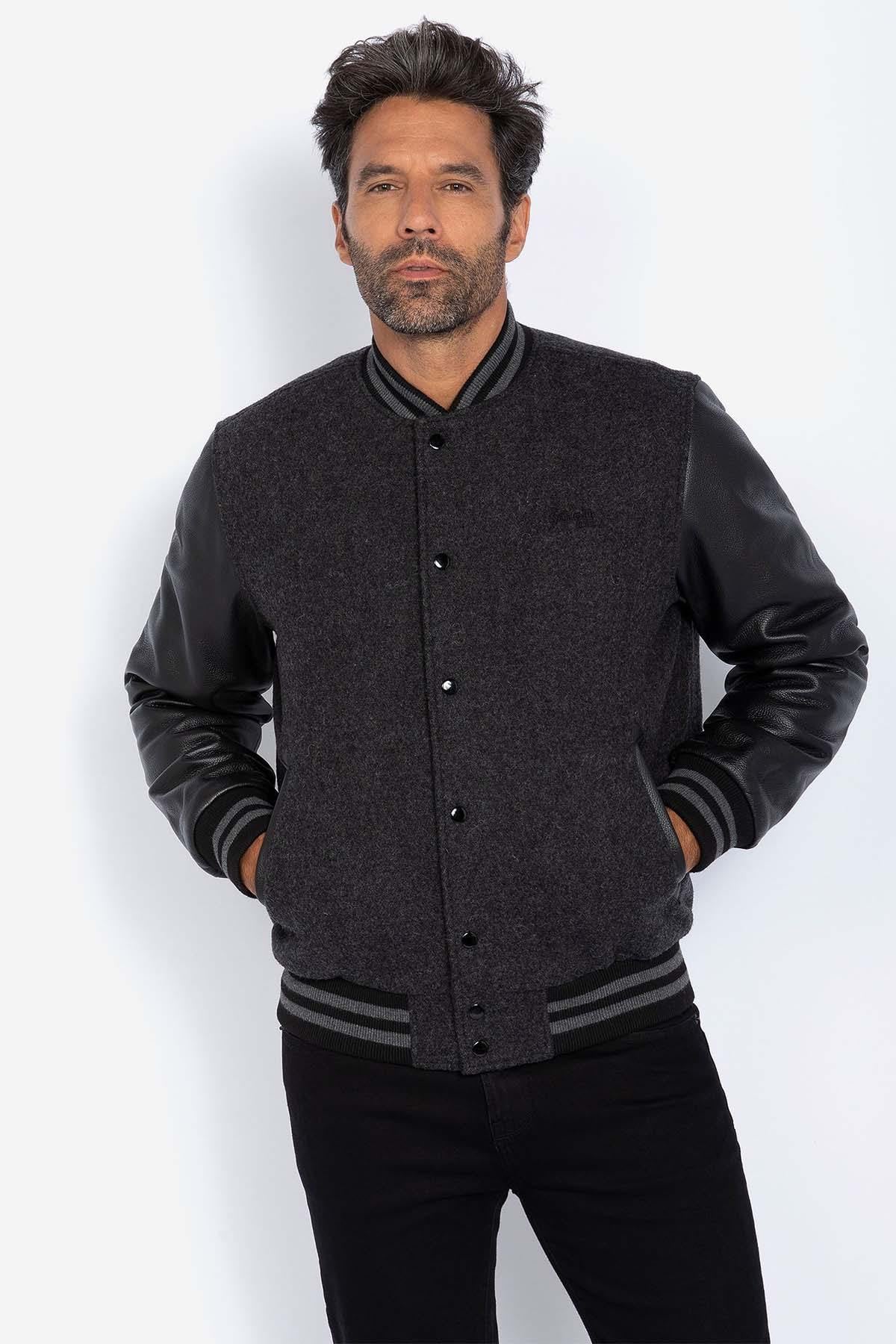 Iconic Schott varsity jacket in grey wool and black calfskin sleeves. - Image n°1