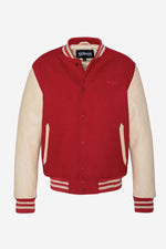 Schott NYC's varsity jacket: red wool and beige vachetta leather. - Image n°5