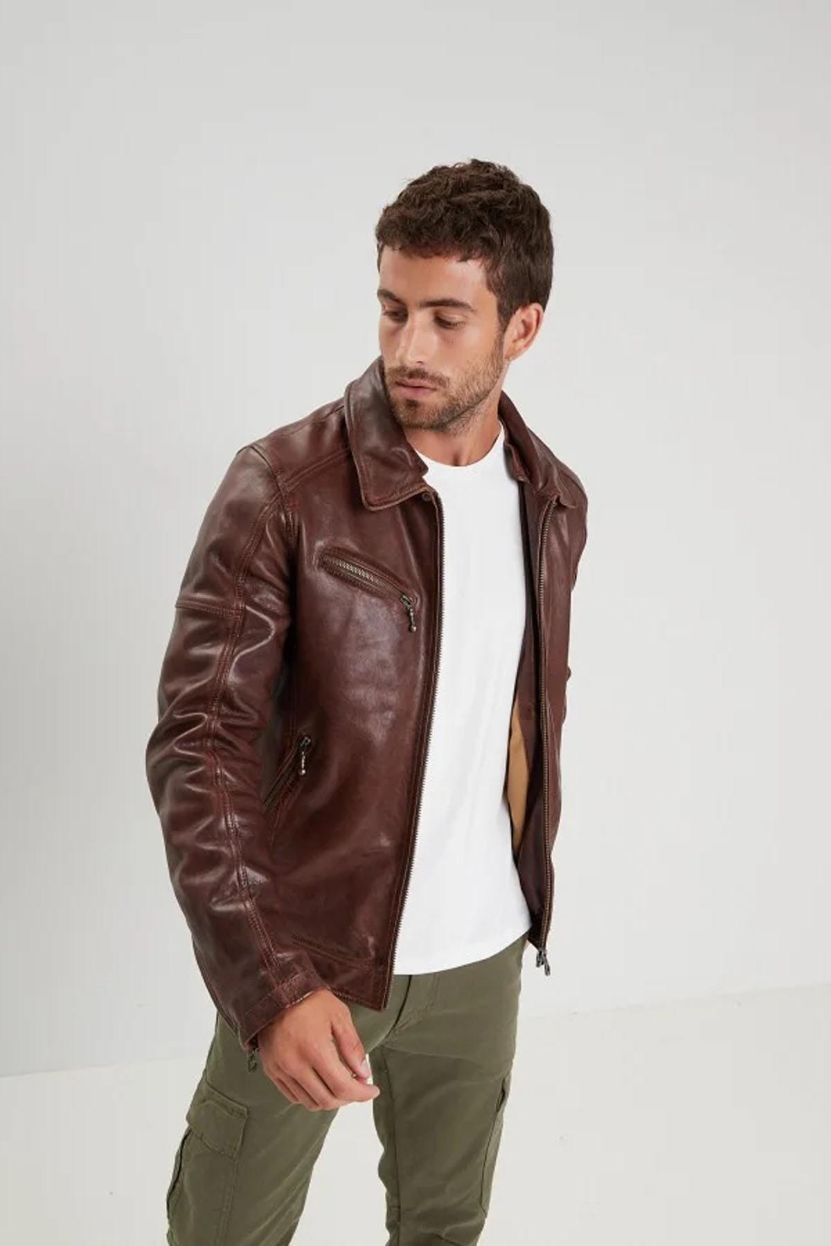 Brown washed lamb leather jacket with sherpa collar - Image n°2
