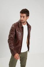 Brown washed lamb leather jacket with sherpa collar - Image n°2
