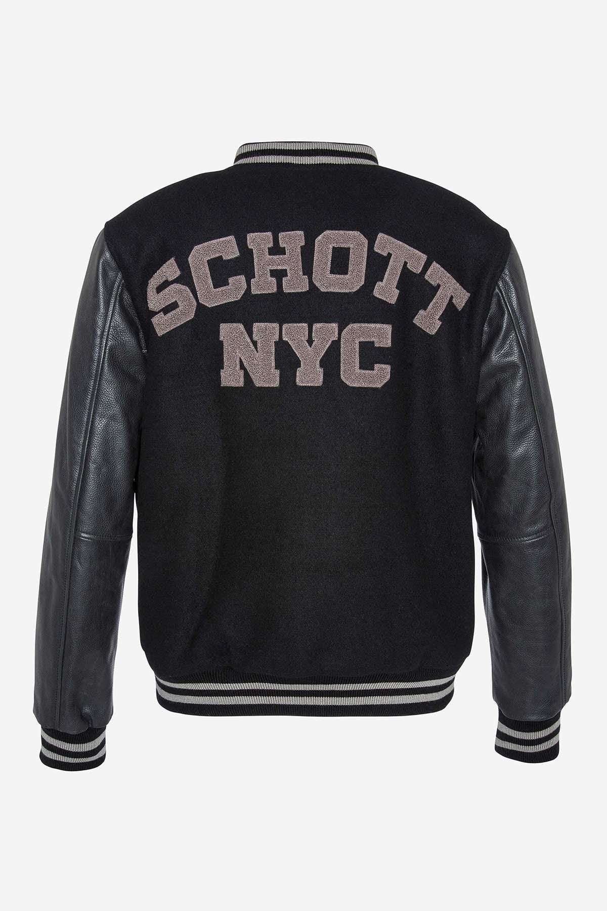 Schott's black varsity: wool body, cowhide sleeves, ribbed trims. - Image n°1