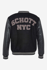 Schott's black varsity: wool body, cowhide sleeves, ribbed trims. - Image n°1