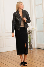 Black lambskin biker jacket-zip front, notched collar. - Image n°2