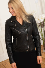 Black lambskin biker jacket-zip front, notched collar. - Image n°5