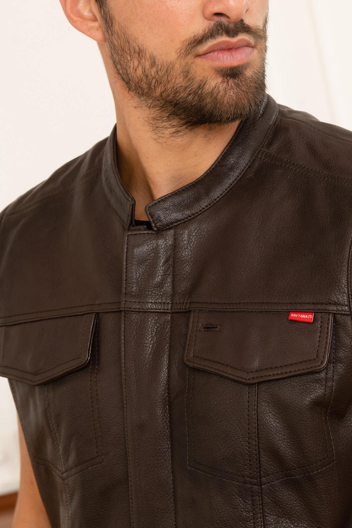 Brown goat leather vest: sleeveless, biker collar, snap buttons. - Image n°6