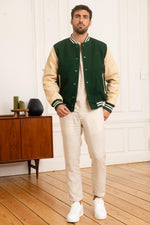 Schott's varsity jacket in green wool and beige vachetta leather. - Image n°3