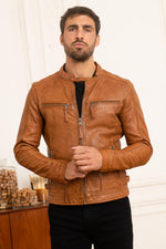 Cognac sheepskin jacket, skinny fit, moto-inspired and lightweight. - Image n°4