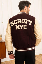 Schott NYC's varsity jacket: bordeaux leather sleeves meet beige wool. - Image n°2