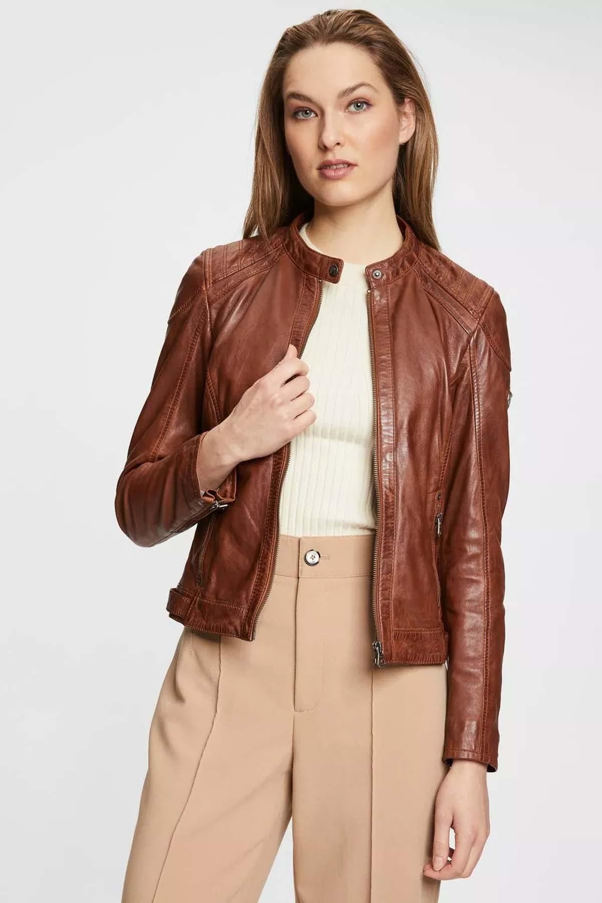 Cognac leather jacket with removable hood - Image n°2