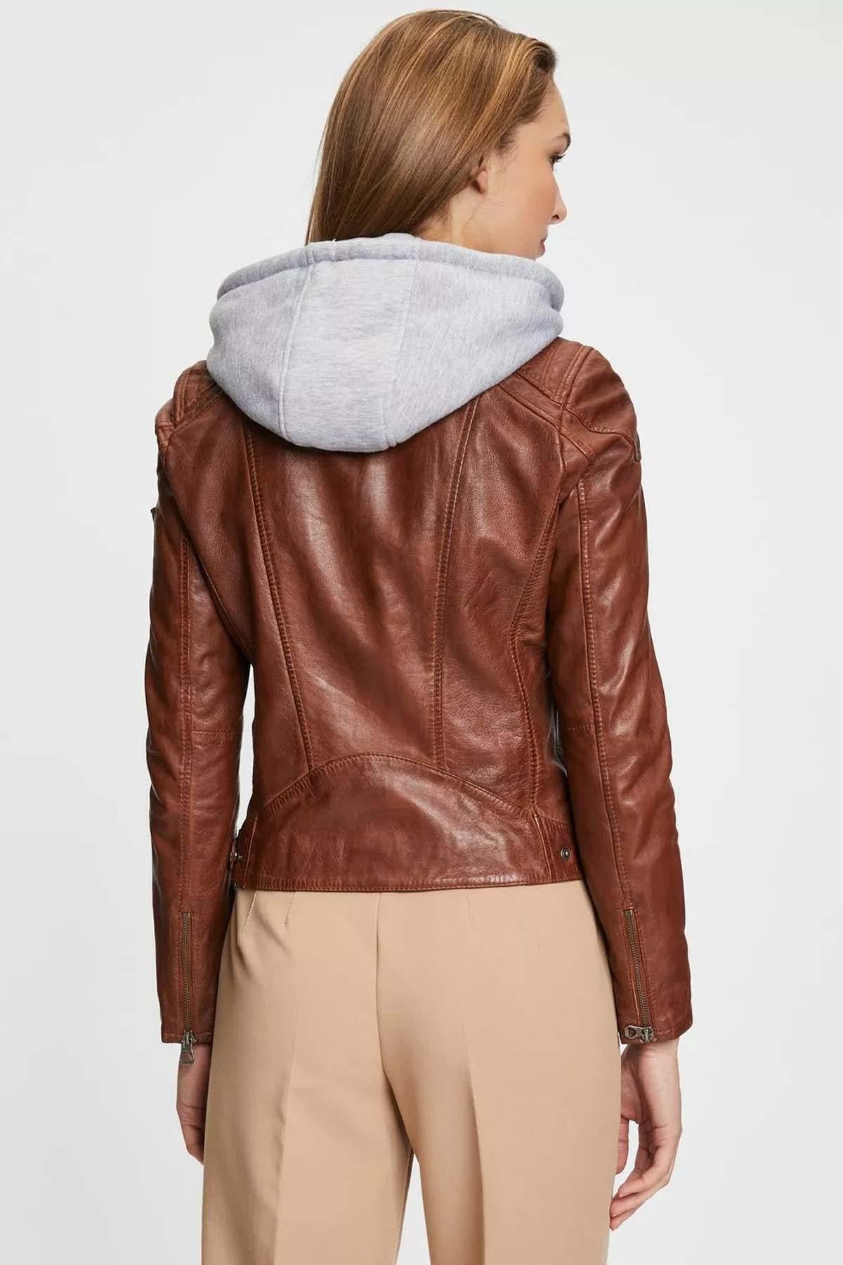 Cognac leather jacket with removable hood - Image n°4