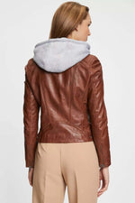 Cognac leather jacket with removable hood - Image n°4