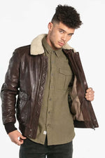 Petrol brown sheepskin jacket with removable fur collar and zip. - Image n°2