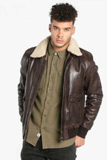 Petrol brown sheepskin jacket with removable fur collar and zip. - Image n°3