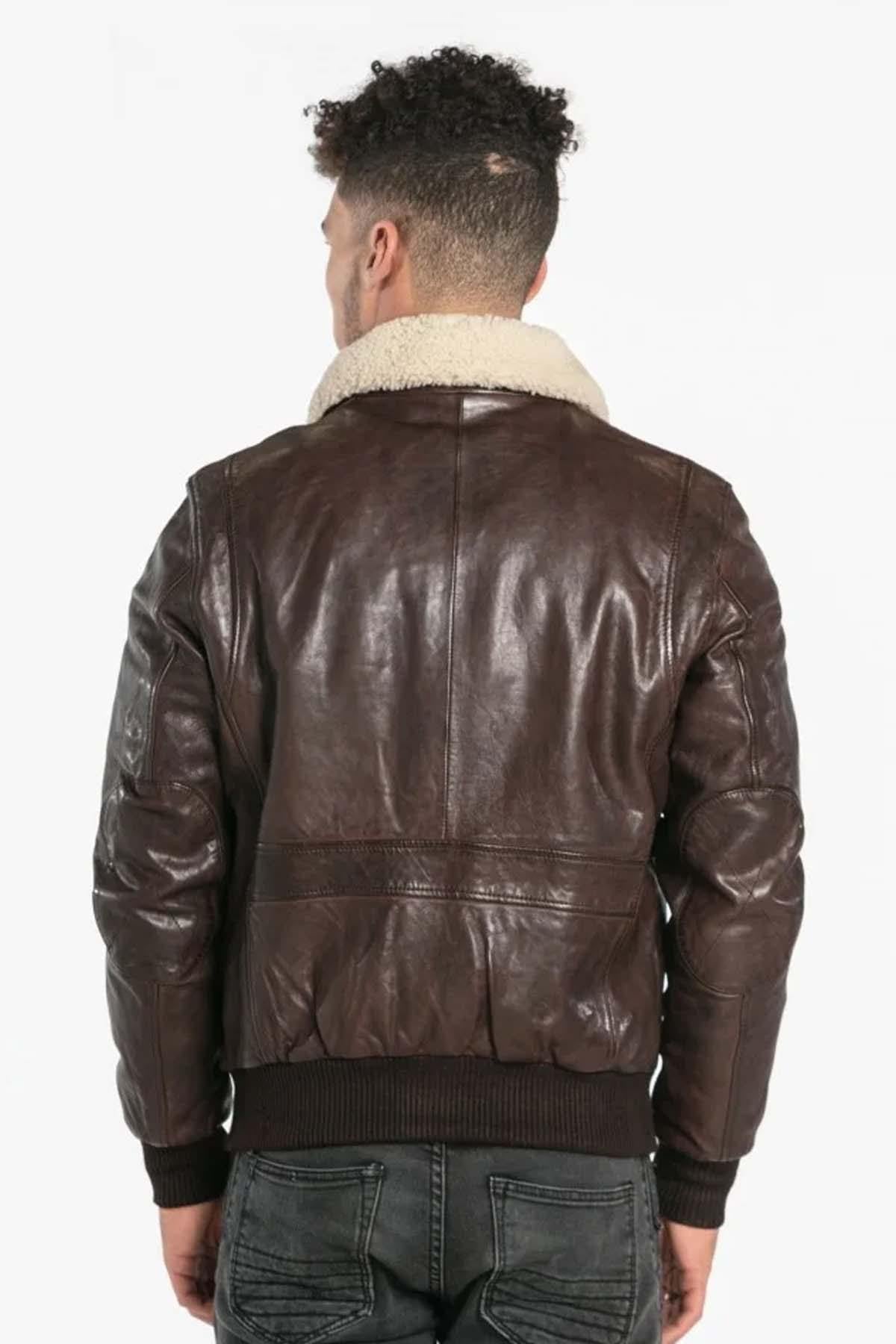 Petrol brown sheepskin jacket with removable fur collar and zip. - Image n°4