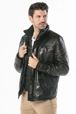 Black leather jacket with stand-up collar - Image n°2