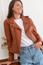 Women's lambskin Perfecto by Schott, LCW8614 in Cognac, slim fit. - Image n°1