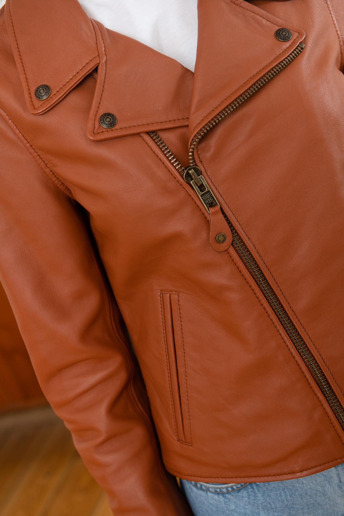 Women's lambskin Perfecto by Schott, LCW8614 in Cognac, slim fit. - Image n°8