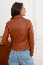 Women's lambskin Perfecto by Schott, LCW8614 in Cognac, slim fit. - Image n°5