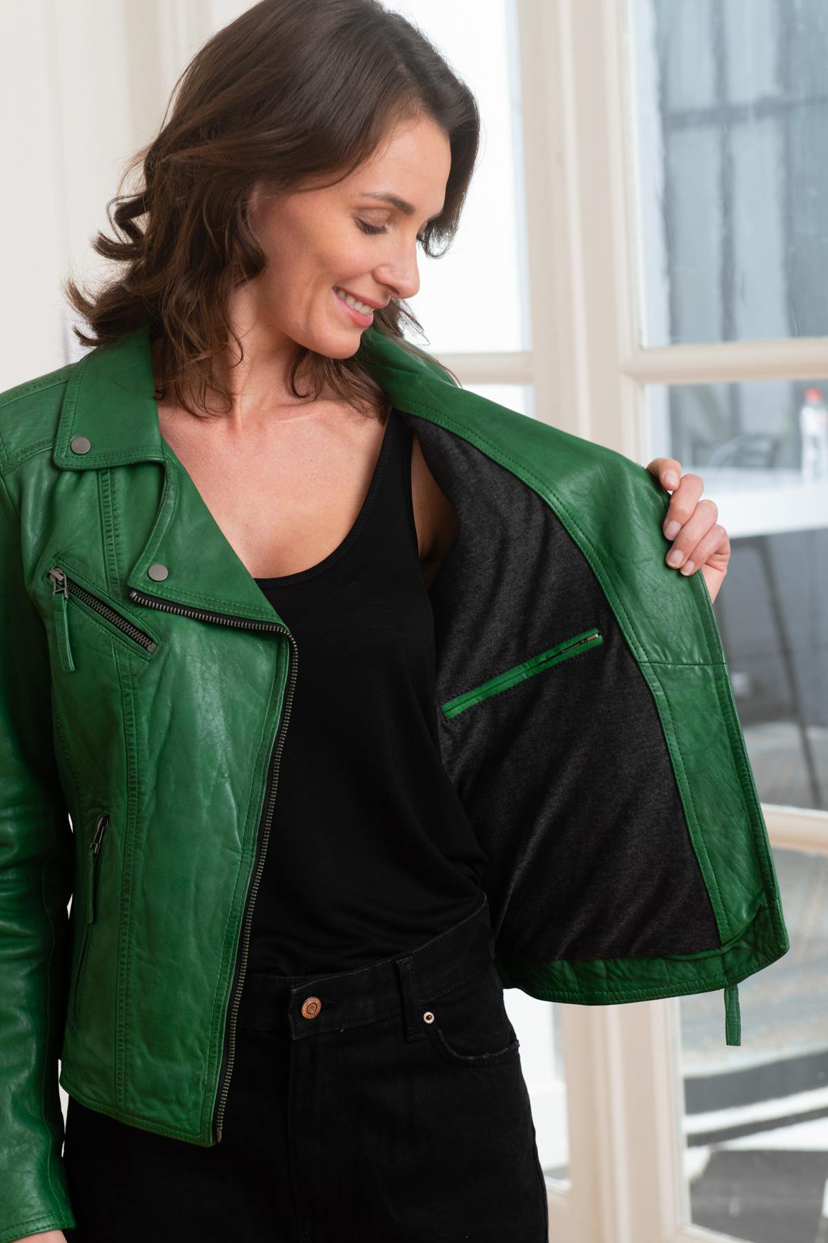Green leather Biker Jacket - Image n°4