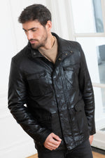Black lambskin jacket, straight cut, zip closure, adjustable collar. - Image n°2