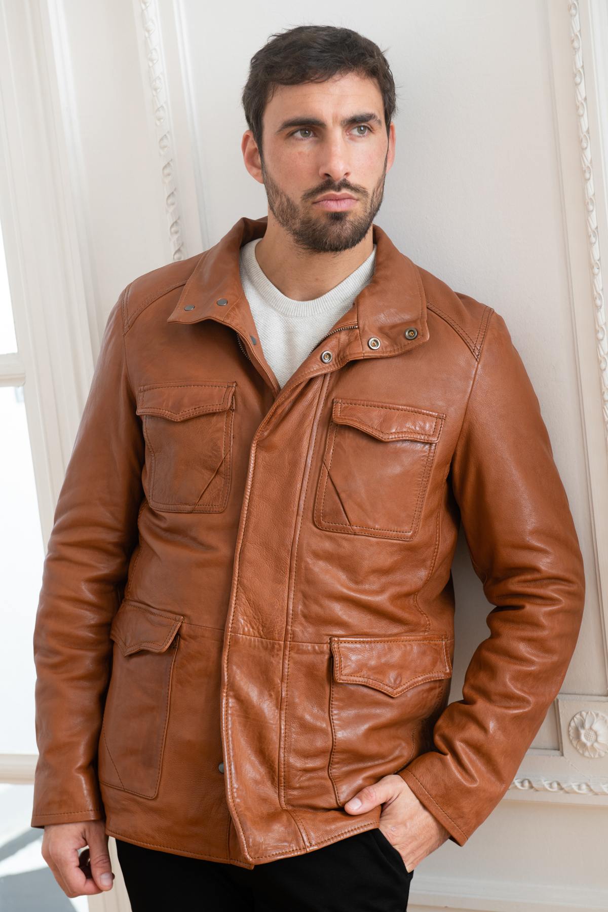 Supple cognac lambskin jacket, timeless and versatile for all seasons. - Image n°1