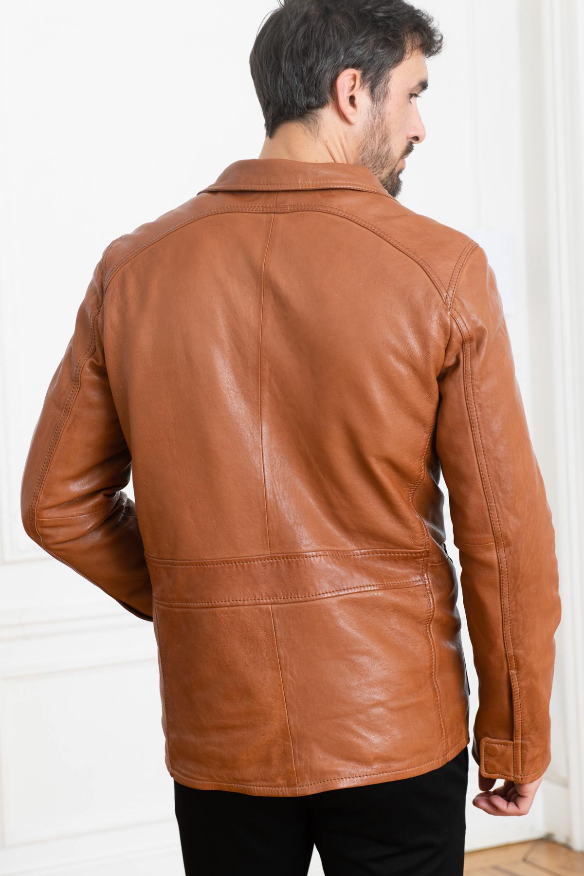 Cognac Mid-Length Leather Jacket - Image n°6