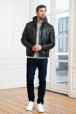 Slim black lambskin jacket with a zip-off wool hood for urban edge. - Image n°2