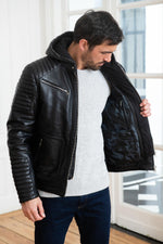 Slim black lambskin jacket with a zip-off wool hood for urban edge. - Image n°6