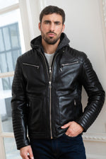 Slim black lambskin jacket with a zip-off wool hood for urban edge. - Image n°4