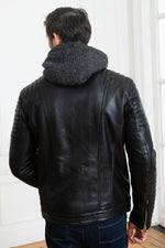 Slim black lambskin jacket with a zip-off wool hood for urban edge. - Image n°7