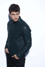 Quilted lambskin jacket in ocean blue. Biker-inspired, mid-season. - Image n°3