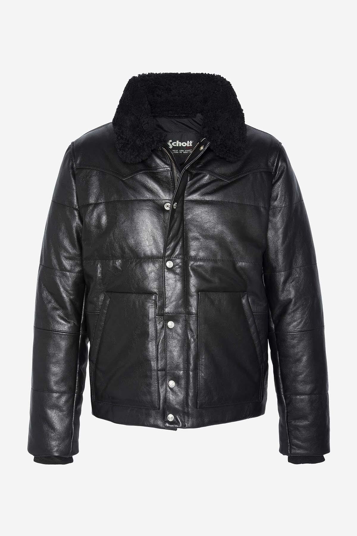 Cowhide leather down jacket with sheepskin collar - Image n°8