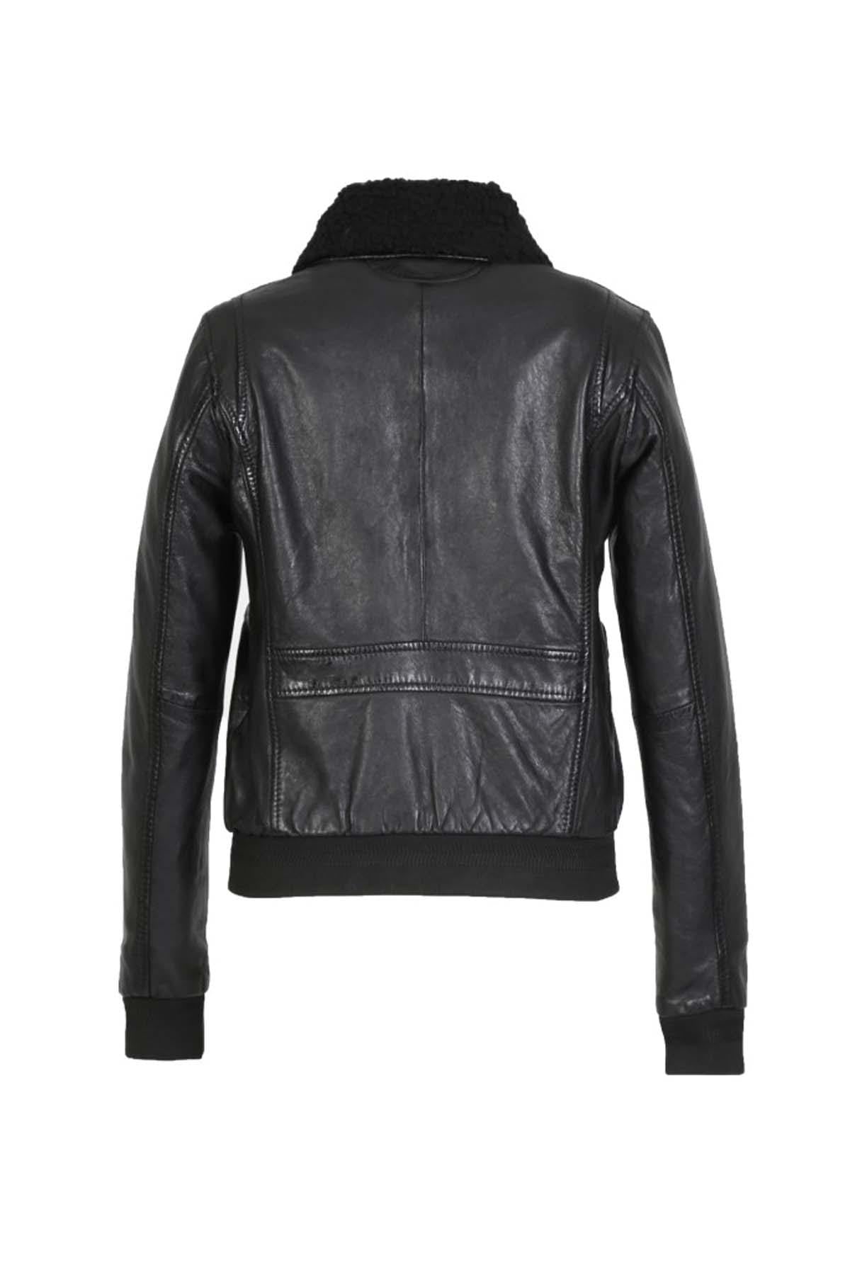 Vintage black leather jacket with removable fur collar - Image n°7