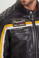 Lambskin biker jacket with bold yellow stripes and matte shoulders. - Image n°2