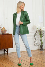 Women's green leather blazer with shirt collar - Image n°4