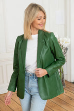 Women's green leather blazer with shirt collar - Image n°3