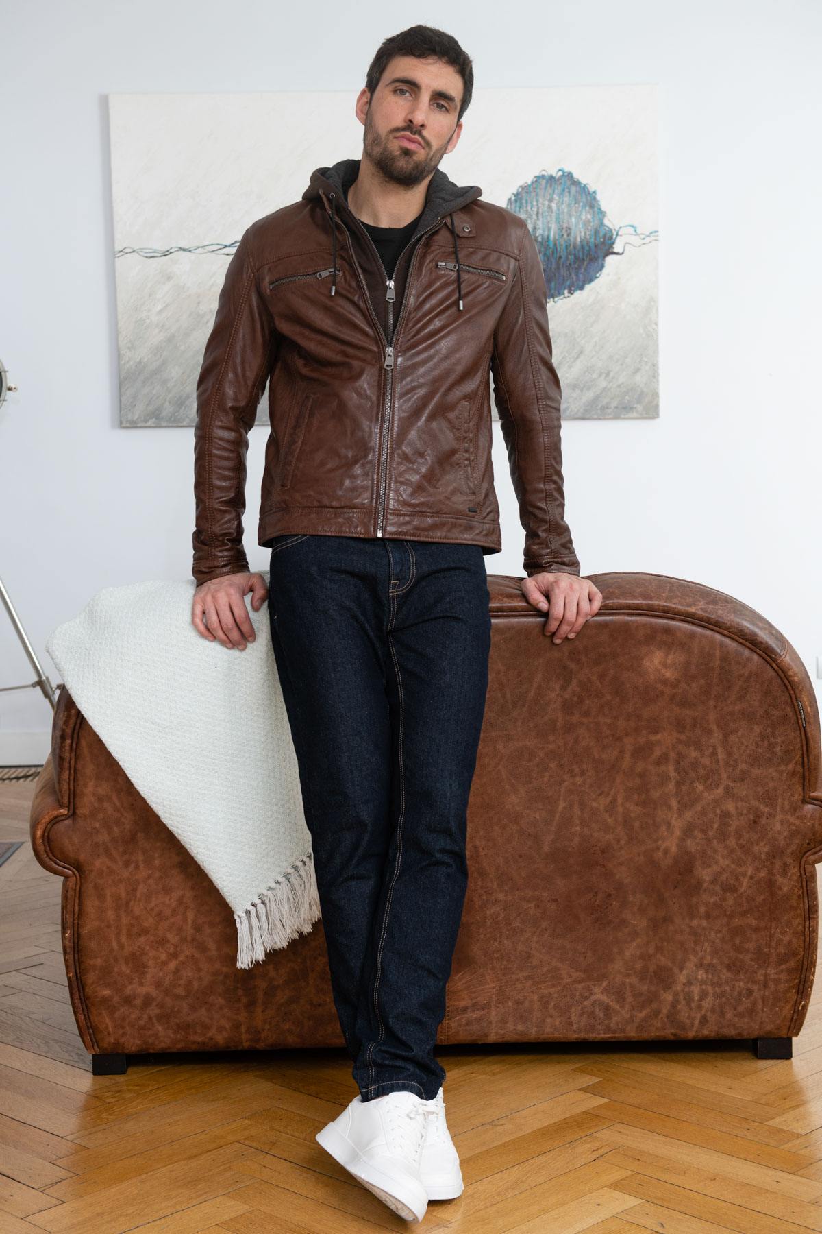 Moto-style sheep leather jacket with washed finish and removable hood. - Image n°7
