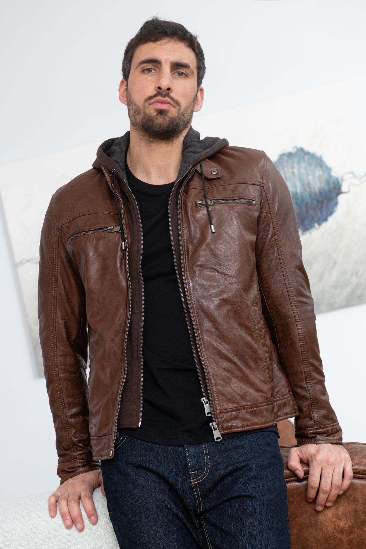 Moto-style sheep leather jacket with washed finish and removable hood. - Image n°1