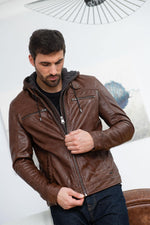 Moto-style sheep leather jacket with washed finish and removable hood. - Image n°2