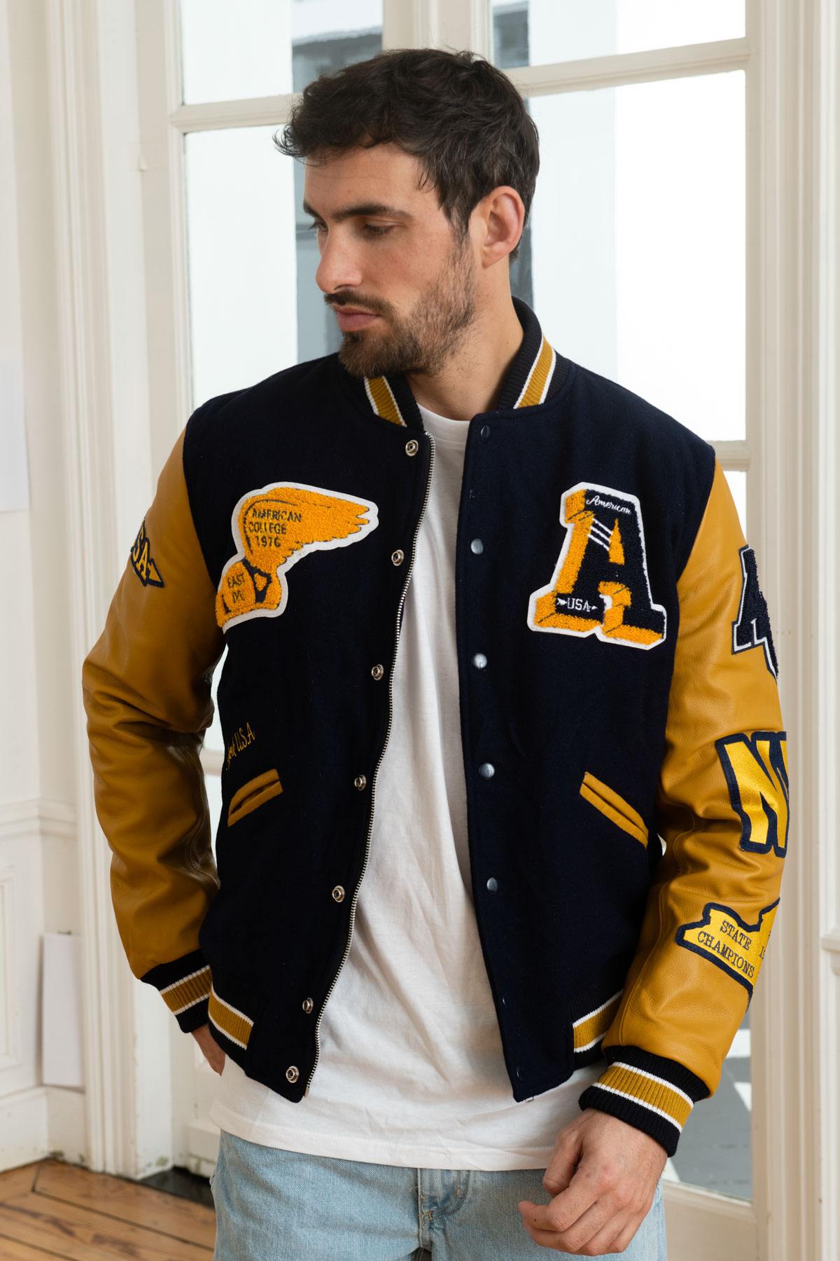 Navy blue and yellow US varsity teddy - Image n°1